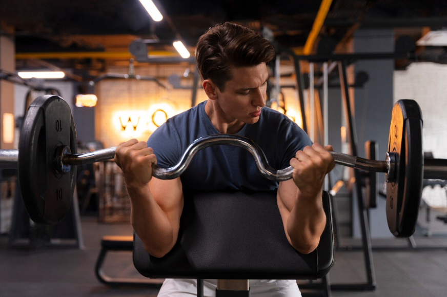 man performing barbell curl demonstrating how muscles grow and repair through training